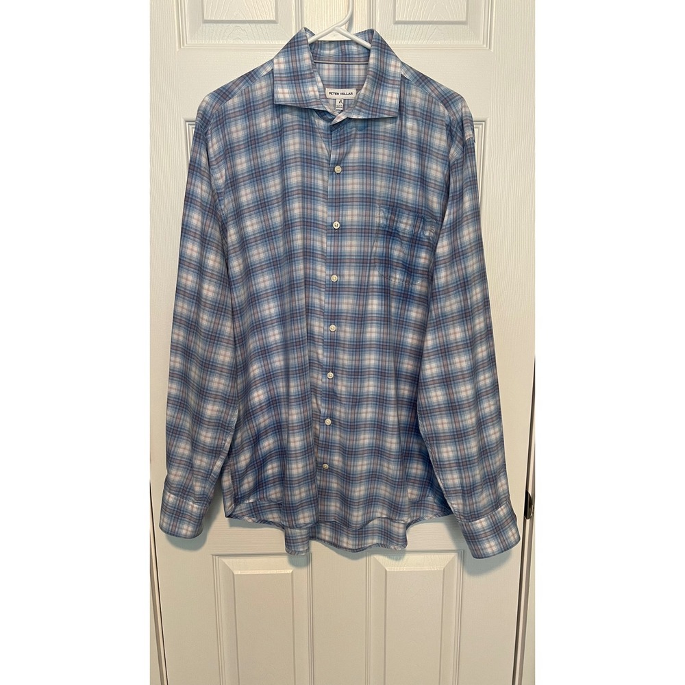 Peter Millar Men's L Wester Soft Cotton Sport Button Down Shirt Blue Plaid